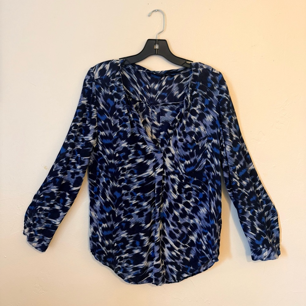Rebecca Taylor Blue and Black Leopard Patterned Blouse 100% Silk S/M